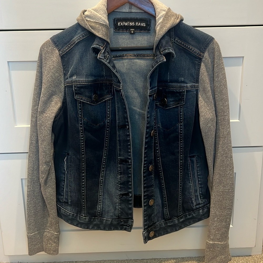 Express Jean jacket with gray sleeves size medium
